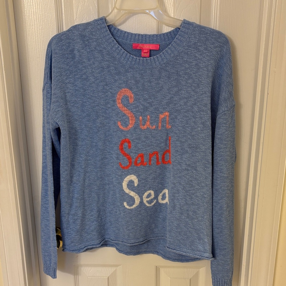 Lilly Pulitzer Blue Crew Neck Sweater with Sun Sand Sea Design